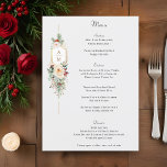 Simply Elegant Christmas Floral Monogram Menu<br><div class="desc">This lovely winter botanical menu features bouquets of ivory roses and flowers, red holly berries, fir and golden snowflakes surrounding an elegant gold label for your monogram on a pale pearl grey background. Includes editable text fields for your menu options as well as a complementary floral graphic on the back....</div>