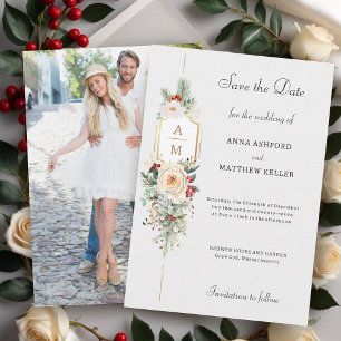Simply Elegant Christmas Floral Monogram Save The Date