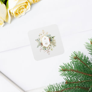 Simply Elegant Christmas Floral Monogram Square Sticker