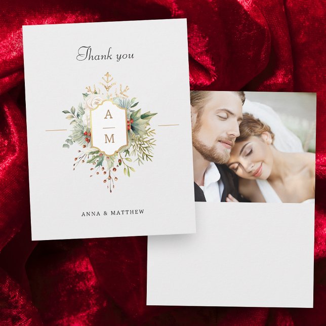 Simply Elegant Christmas Floral Monogram Thank You Card (Creator Uploaded)