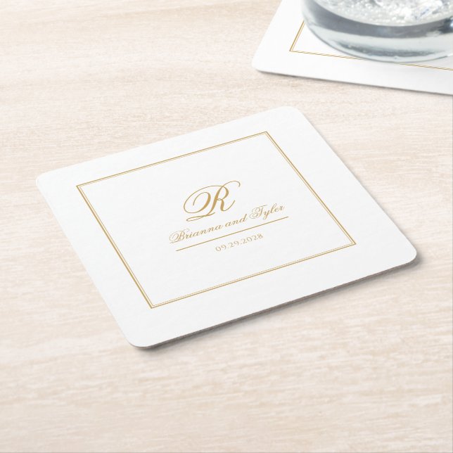 Simply Elegant Classic Gold Wedding Monogram Square Paper Coaster (Angled)