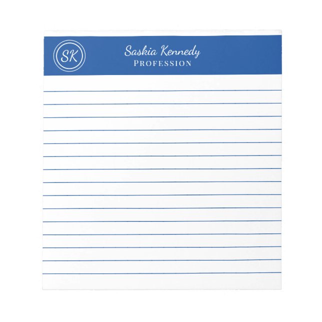 Simply Elegant Cobalt Blue Lined Monogram Business Notepad (Front)