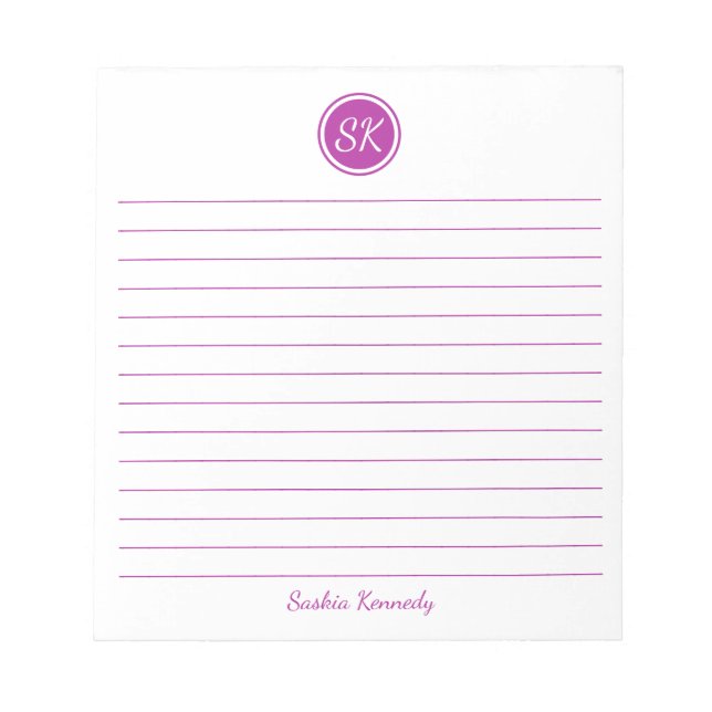 Simply Elegant Dark Pink Lined Monogram Name Notepad (Front)