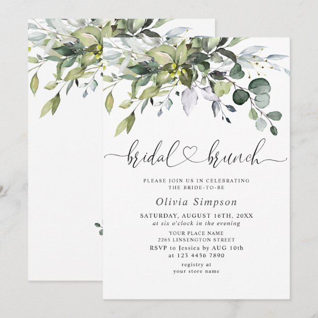 Simply Elegant Eucalyptus Bridal Brunch Invitation (Front/Back)