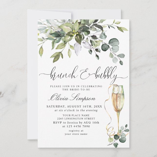 Simply Elegant Eucalyptus Brunch & Bubbly  Invitation (Front)