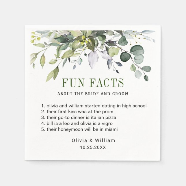 Simply Elegant Eucalyptus Fun Facts Wedding  Napkin (Front)