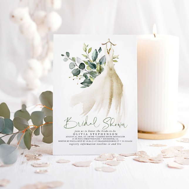 Simply Elegant Eucalyptus Greenery Bridal Shower Invitation (Greenery and Wedding Dress Bridal Shower Invitations)