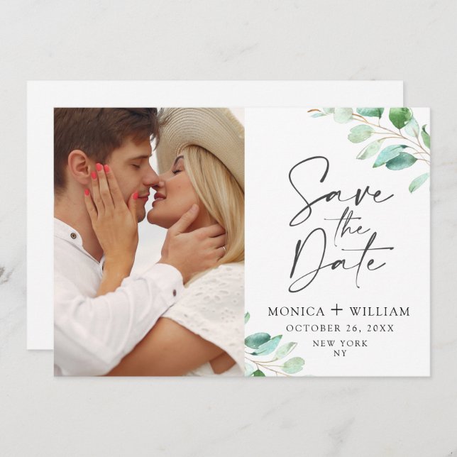 Simply Elegant Eucalyptus Wedding Photo Save The Date (Front/Back)