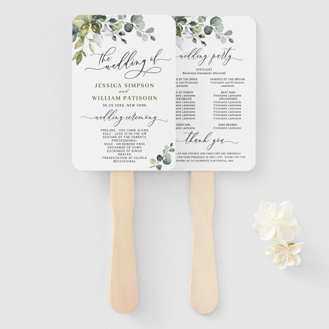 Simply Elegant Eucalyptus Wedding Program Hand Fan (Front and Back)