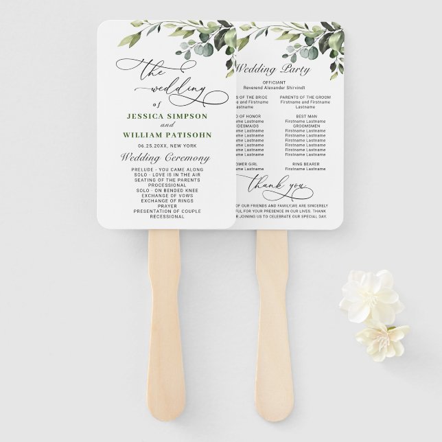 Simply Elegant Eucalyptus Wedding Program Hand Fan (Front and Back)