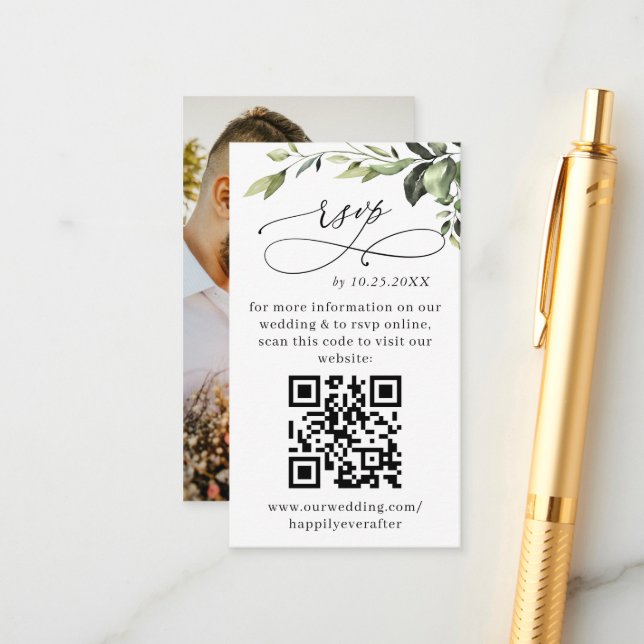 Simply Elegant Eucalyptus Wedding QR RSVP PHOTO Enclosure Card (Front/Back In Situ)