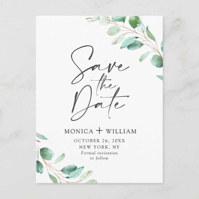 Simply Elegant Eucalyptus Wedding Save the Date Postcard (Front)
