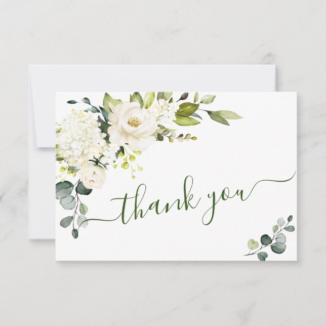 Simply Elegant Eucalyptus White Roses Floral Thank You Card (Front)