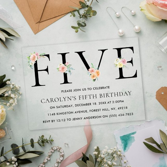 Simply Elegant Floral FIVE 5th Birthday Acrylic Invitations (Creator Uploaded)