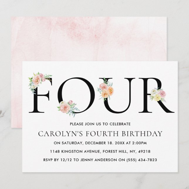 Simply Elegant Floral FOUR 4th Birthday Invitation (Front/Back)