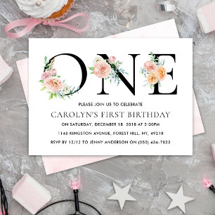 Simply Elegant Floral ONE 1st Birthday Party Invitation