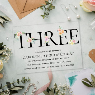 Simply Elegant Floral THREE 3rd Birthday Acrylic Invitations