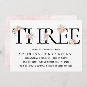 Simply Elegant Floral THREE 3rd Birthday Invitation