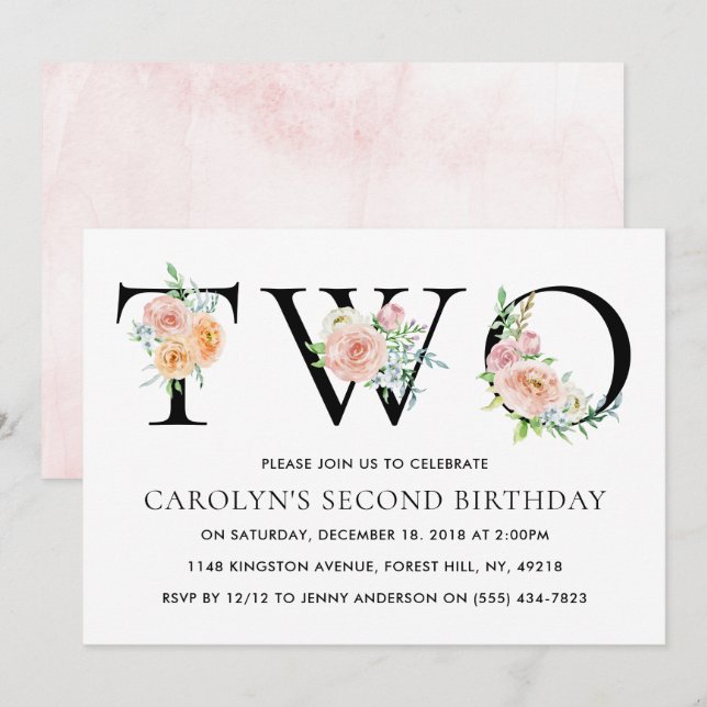 Simply Elegant Floral TWO 2nd Birthday Party Invitation (Front/Back)