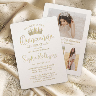 Simply Elegant Gold Quinceañera Crown 3 Photo Invitation