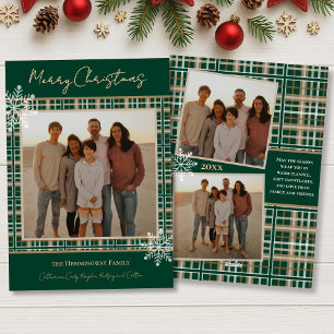 Simply Elegant Green Plaid Snowflakes Christmas Holiday Card