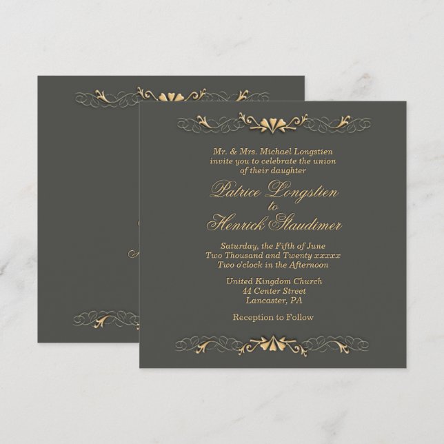 Simply Elegant Grey Gold Wedding Invitation (Front/Back)