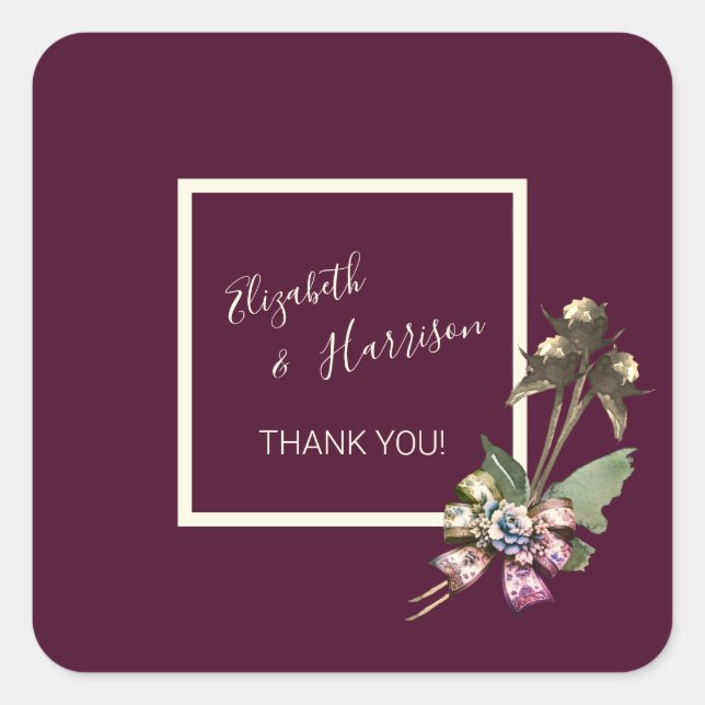 Simply Elegant Merlot Wedding Thank You Square Sticker (Front)