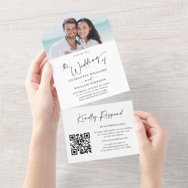 Simply Elegant Minimalist 2 PHOTO Wedding QR All In One Invitation (Tearaway)