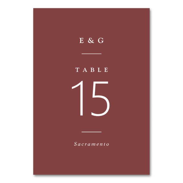 Simply Elegant Modern Burgundy wine Wedding Table Number (Front)