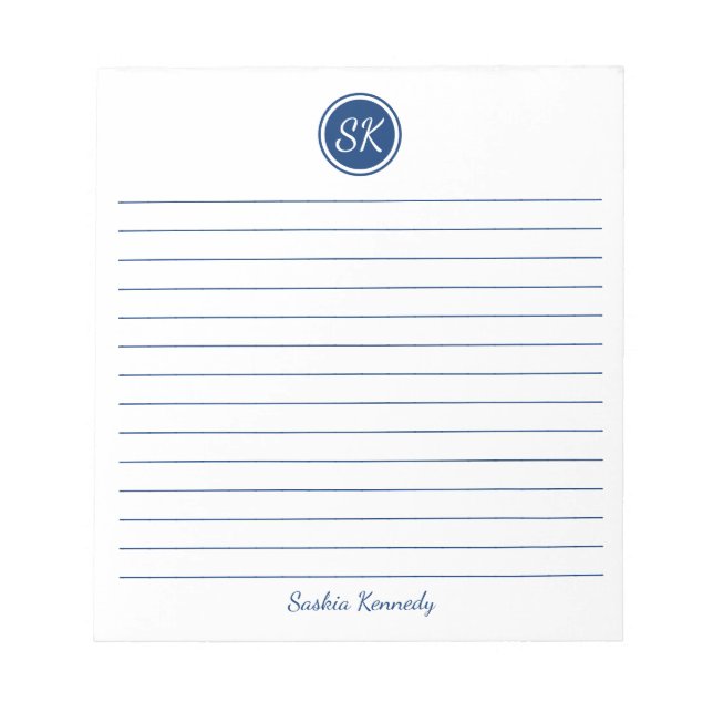 Simply Elegant Navy Lined Monogram Personalised Notepad (Front)