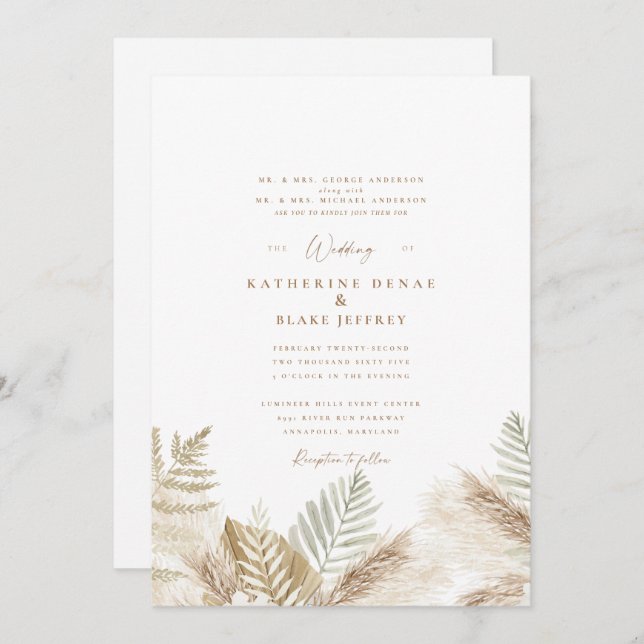 Simply Elegant Pampas & Gold White Invitation (Front/Back)