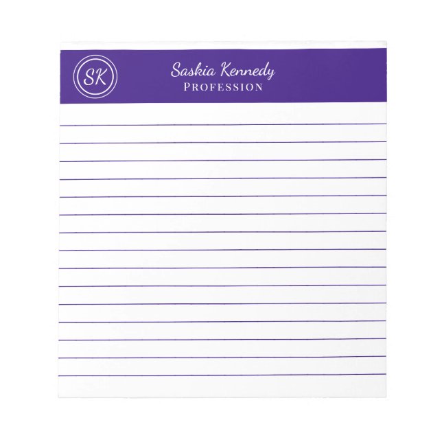 Simply Elegant Purple Lined Monogram Business Notepad (Front)