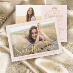 Simply Elegant Quinceañera 2 Photo Blush and Gold Save The Date<br><div class="desc">Share the joyful news of an upcoming Quinceañera celebration with chic modern 2 photo save the date invitations. The pictures and all wording on this template are simple to personalise. The colours and font styles can be easily customised with the Zazzle Design Editor tool. The blush pink and gold design...</div>
