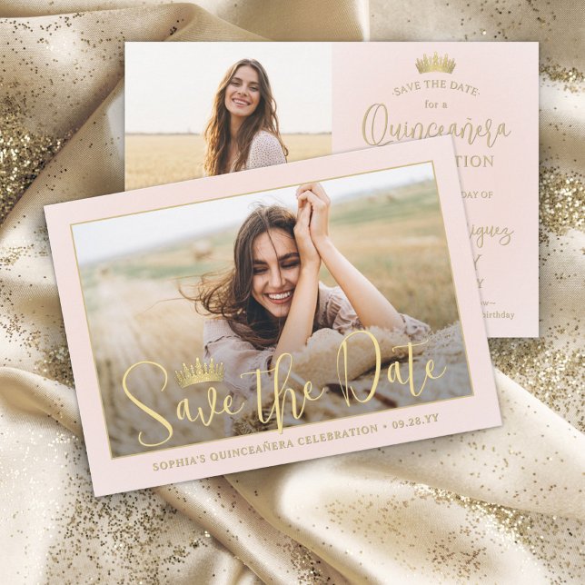 Simply Elegant Quinceañera 2 Photo Blush and Gold Save The Date (Creator Uploaded)