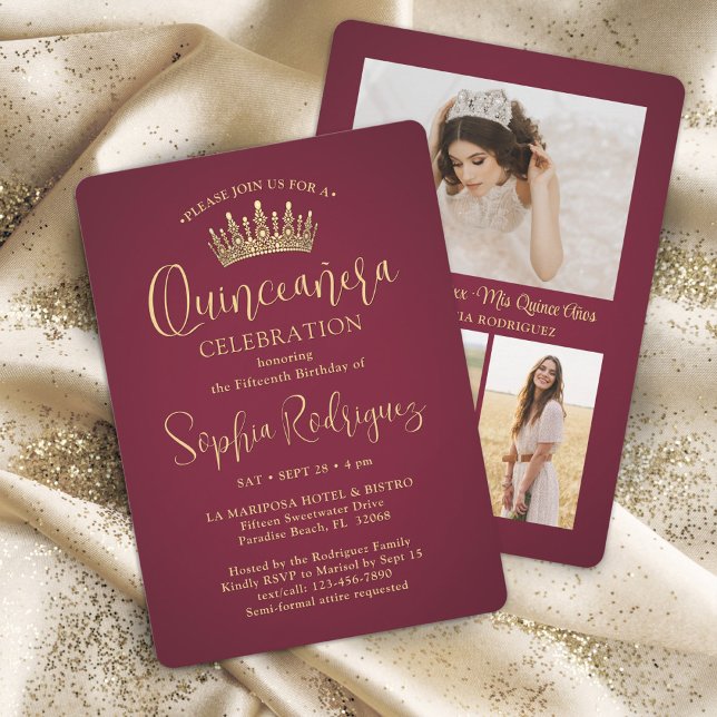Simply Elegant Quinceañera 3 Photo Burgundy Invitation (Creator Uploaded)