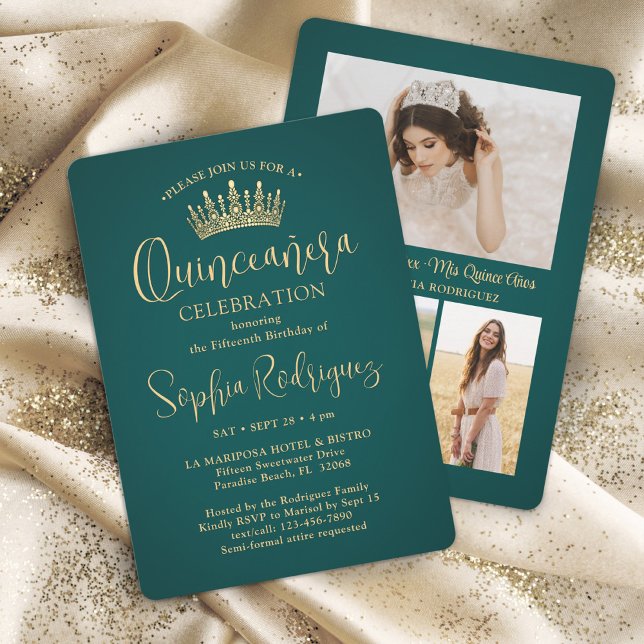 Simply Elegant Quinceañera 3 Photo Green and Gold Invitation (Creator Uploaded)