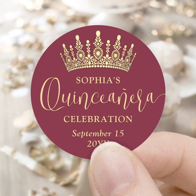 Simply Elegant Quinceañera Crown Burgundy and Gold Classic Round Sticker (Creator Uploaded)