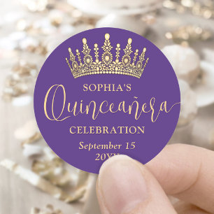 Simply Elegant Quinceañera Crown Purple and Gold Classic Round Sticker