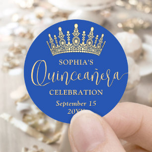 Simply Elegant Quinceañera Crown Royal Blue & Gold Classic Round Sticker