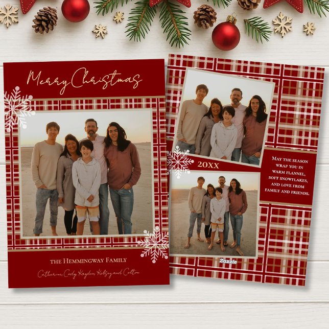 Simply Elegant Red Plaid Snowflakes Cosy Christmas Holiday Card (Creator Uploaded)