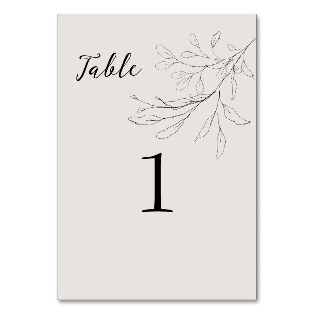 Simply Elegant Script Beige Hand-Drawn Foliage Table Number (Front)