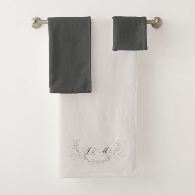 Simply Elegant Script Monogram Taupe & Grey Bath Towel Set (Insitu)