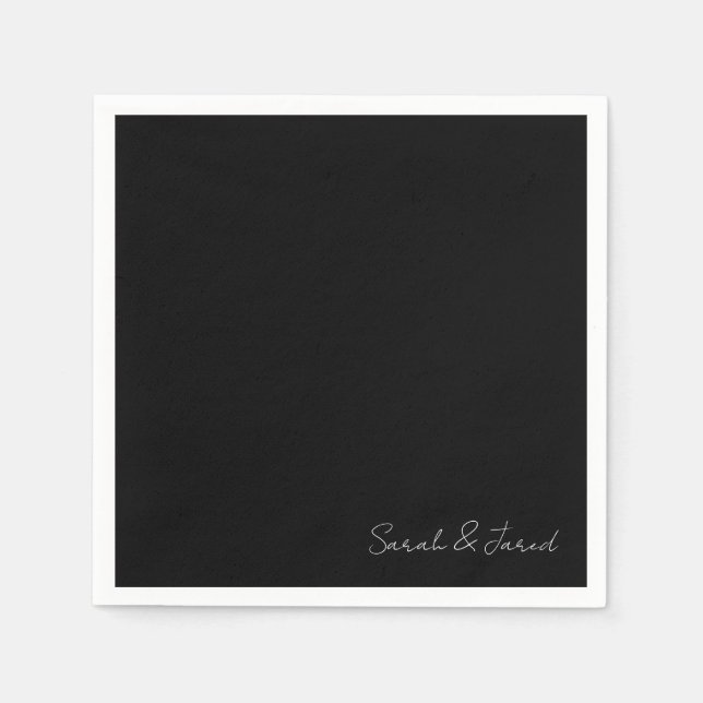Simply Elegant Script Names Black Wedding Cocktail Napkin (Front)