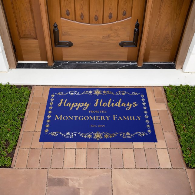 Simply Elegant Snowflakes Happy Holidays Name Doormat (Outdoor)