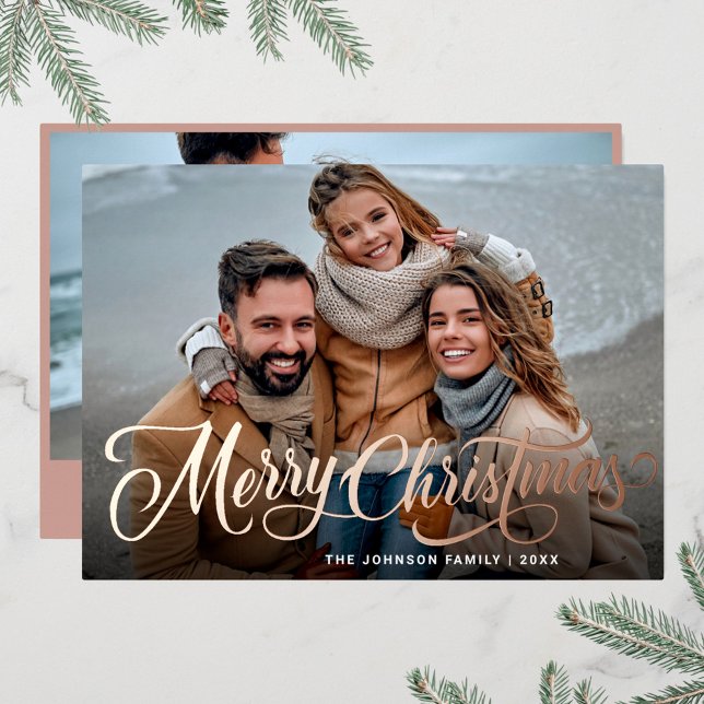 Simply Elegant Sparkle Christmas 2 PHOTO Rose Gold Foil Holiday Card (Creator Uploaded)