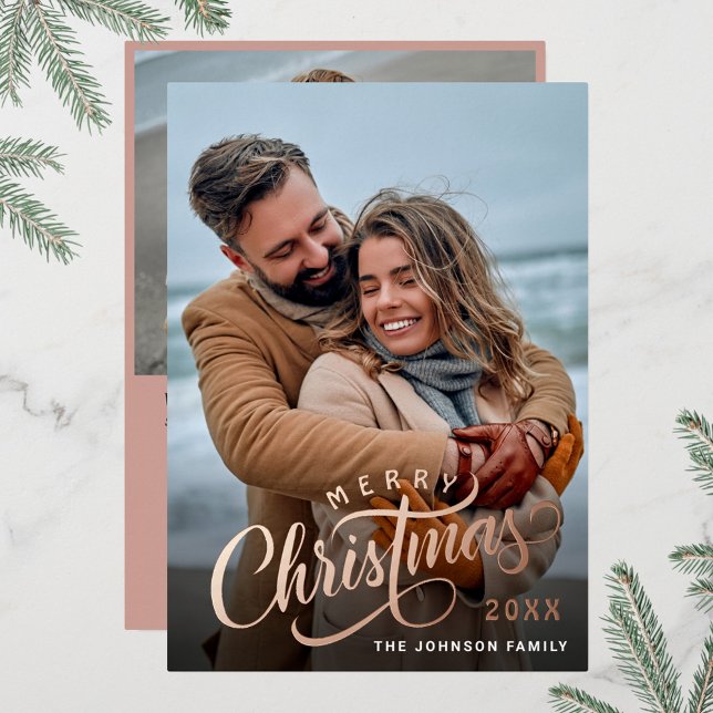 Simply Elegant Sparkle Christmas 2 PHOTO Rose Gold Foil Holiday Card (Creator Uploaded)