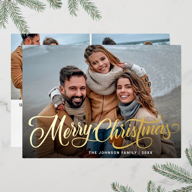 Simply Elegant Sparkle Christmas 3 PHOTO Gold Foil Holiday Card (Creator Uploaded)