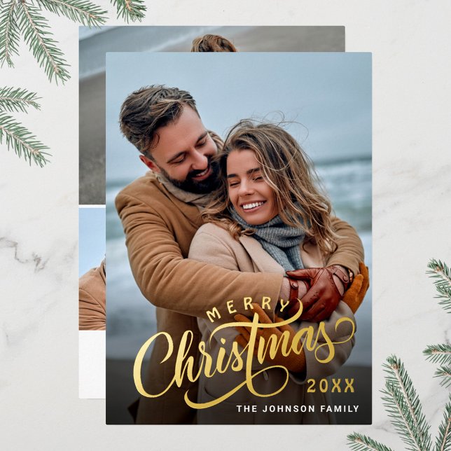 Simply Elegant Sparkle Christmas 4 PHOTO Gold Foil Holiday Card (Creator Uploaded)