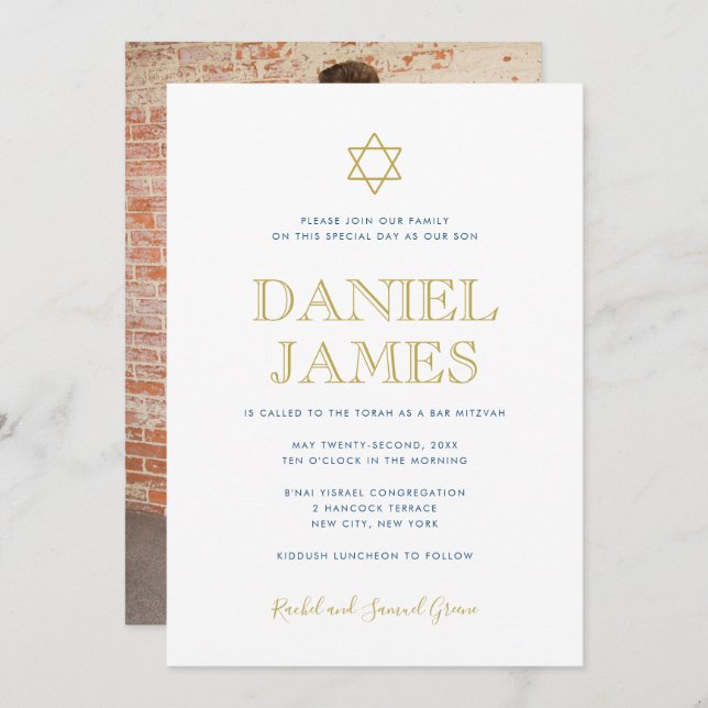 Simply Elegant Star,  Photo on Back, Bar Mitzvah Invitation (Front/Back)