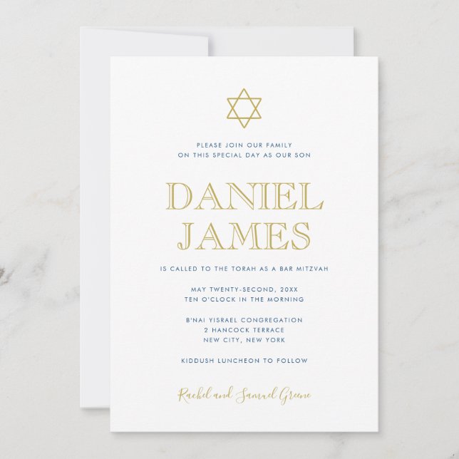 Simply Elegant Star, QR Code on Back, Bar Mitzvah Invitation (Front)